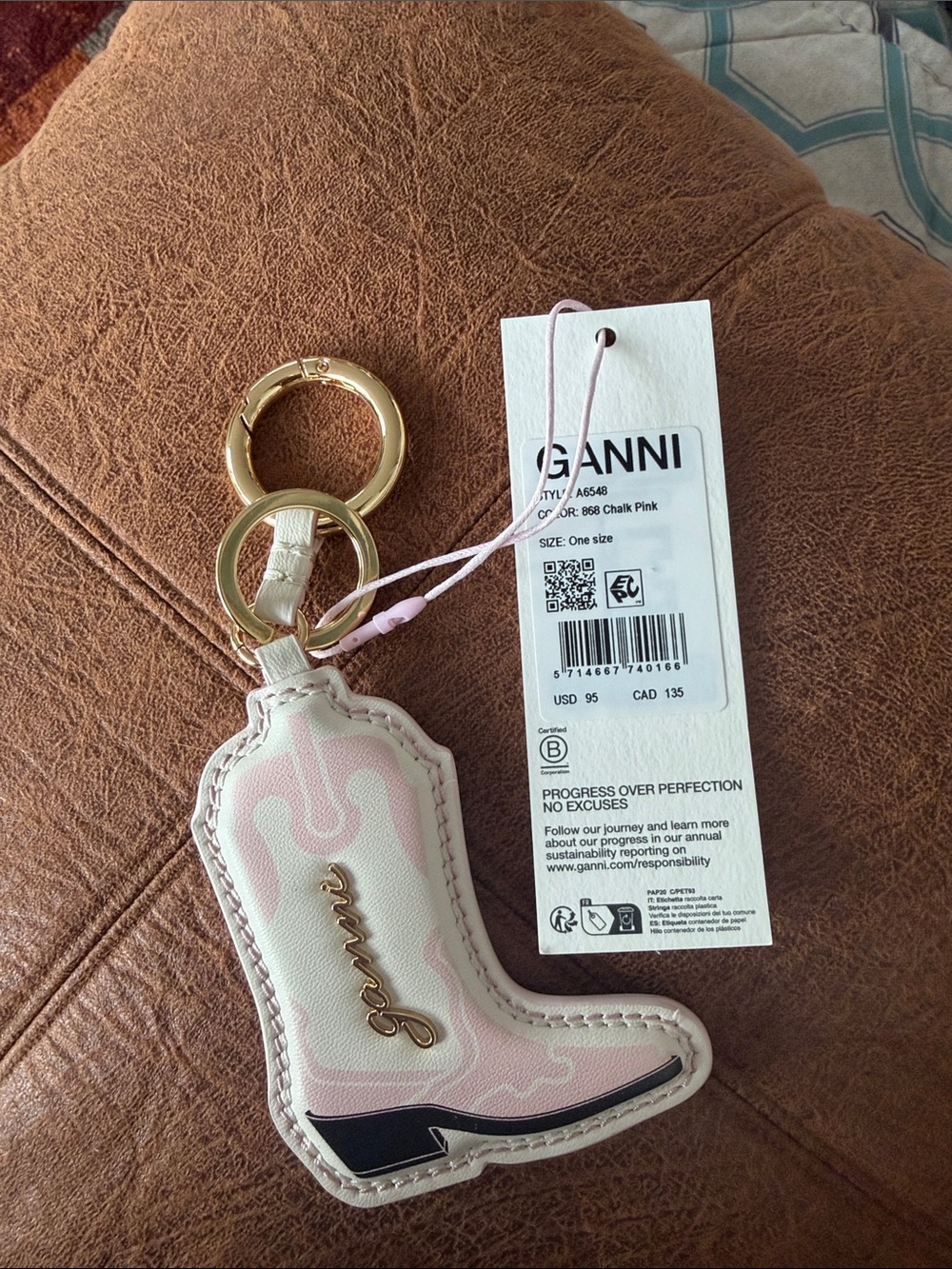 Ganni Chalk Pink & Gold Western Boot Keyring Charm
